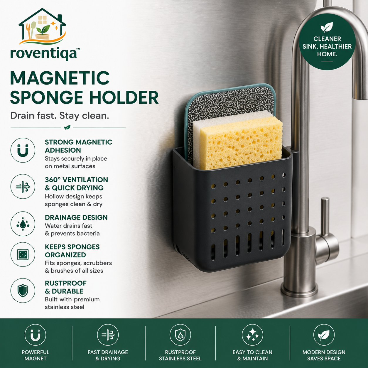🧽 **roventiqa™ AirDock Sponge Caddy – Magnetic Sink Organizer**