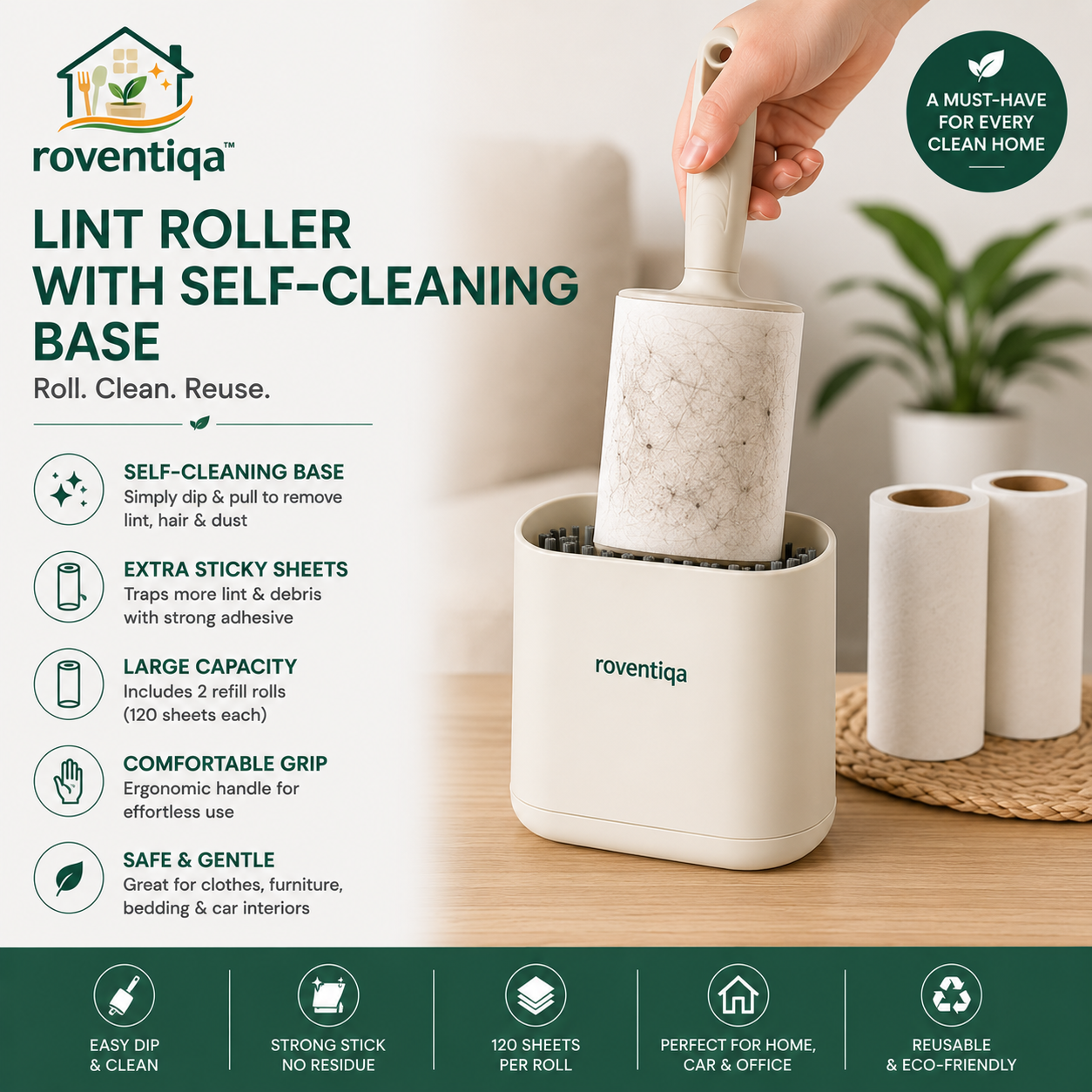 🧹 **roventiqa™ CleanSweep Roller – Reusable Self-Cleaning Lint Remover**