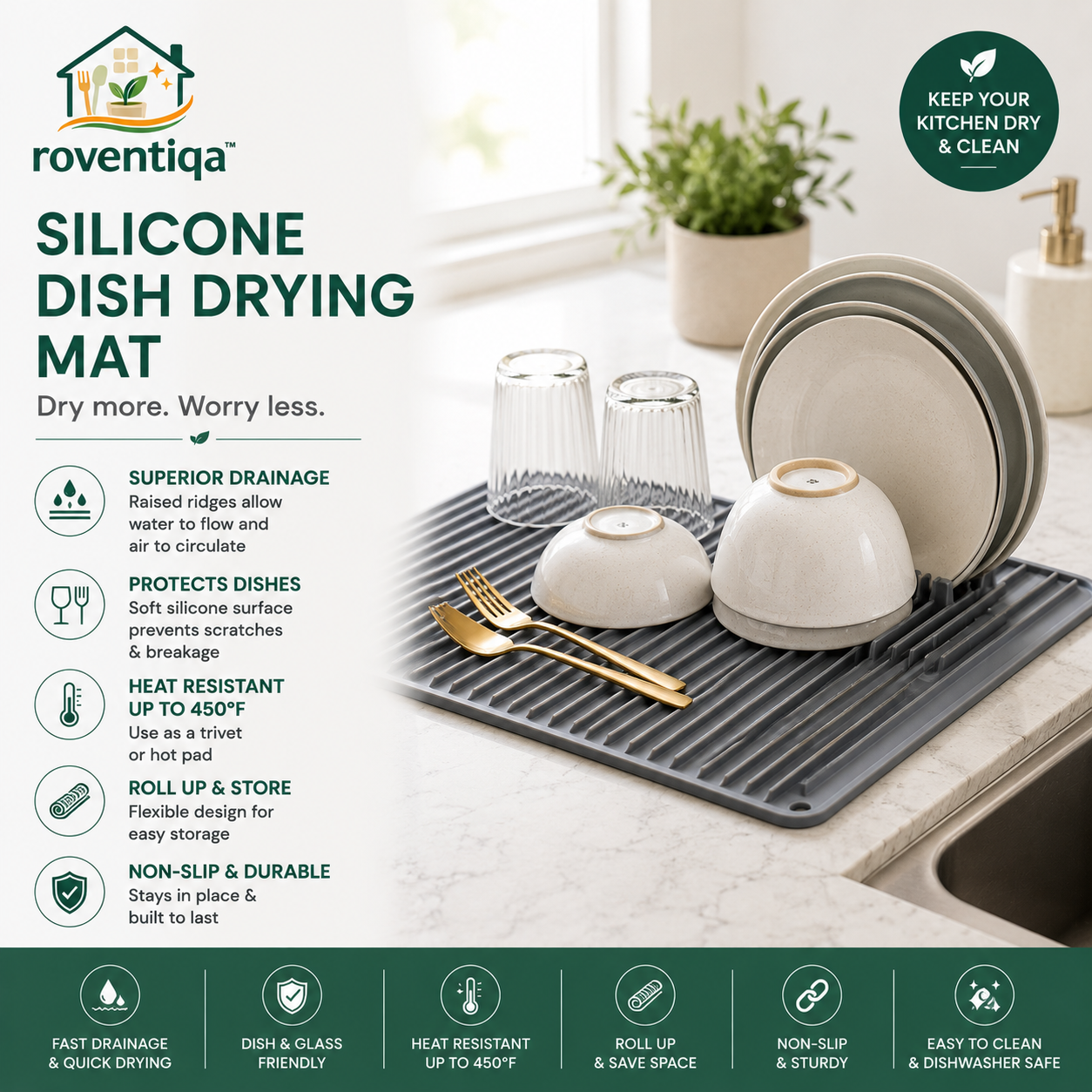 🍽️ **roventiqa™ DryFlow Mat – Quick-Dry Silicone Dish Rack Pad**