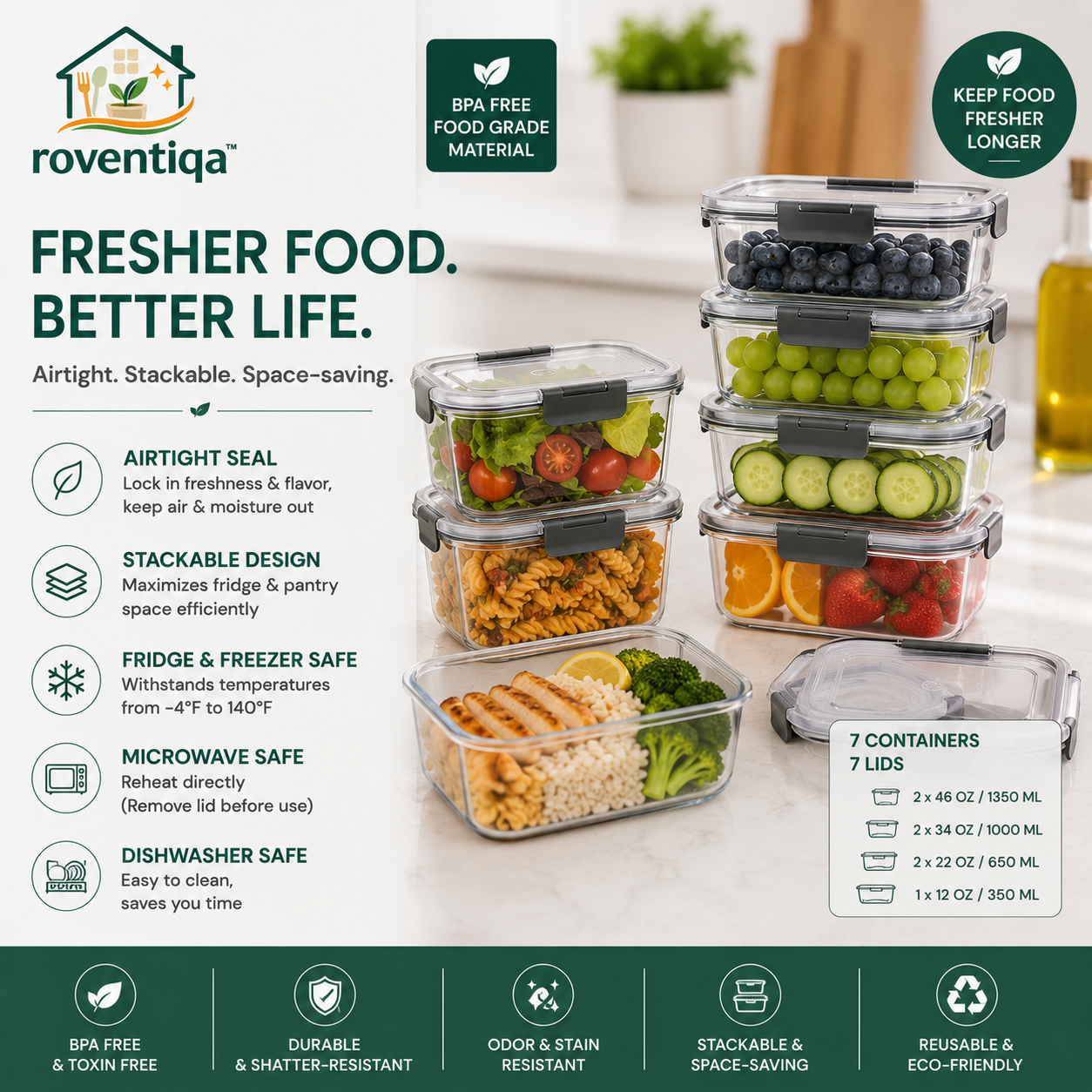 🥗 **roventiqa™ FreshLock Pro – Airtight Food Storage Container Set**