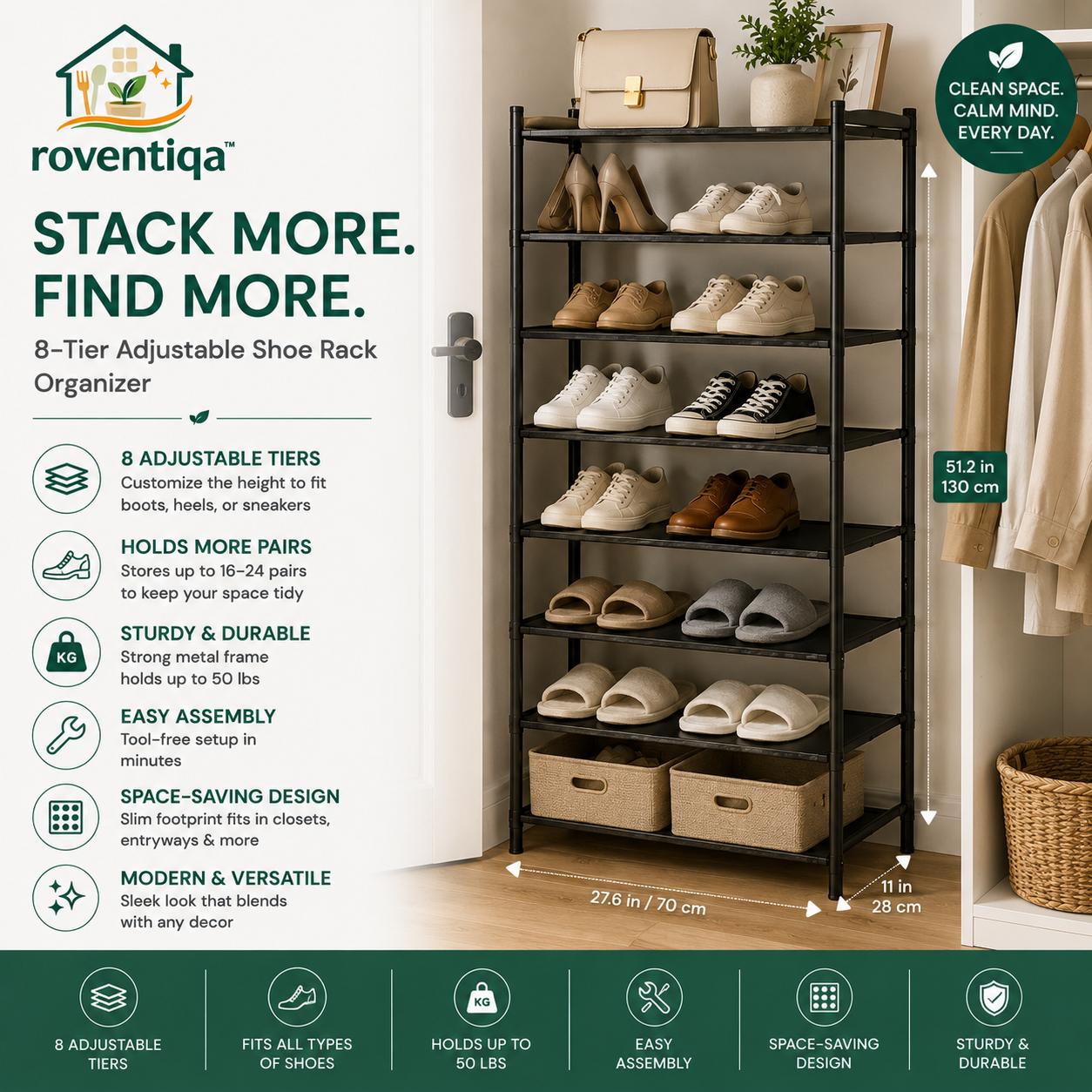 👟 **roventiqa™ StackEase Rack – Adjustable Multi-Tier Shoe Organizer**