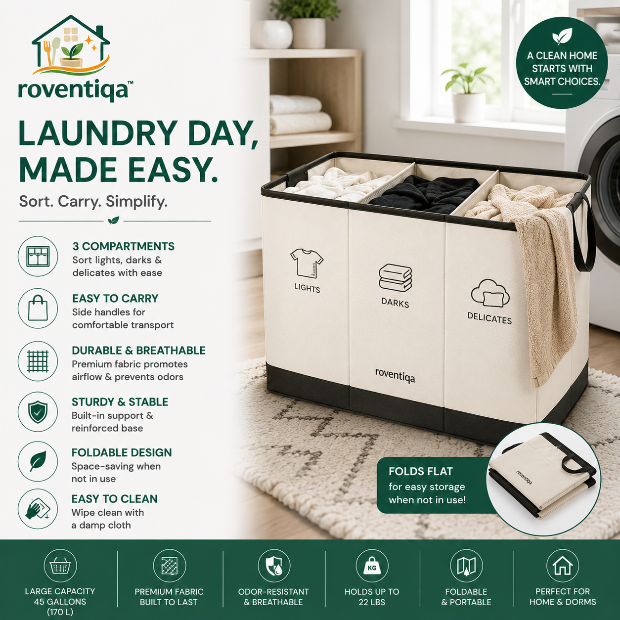 🧺 **roventiqa™ SortNest Hamper – Foldable Laundry Organizer Station**